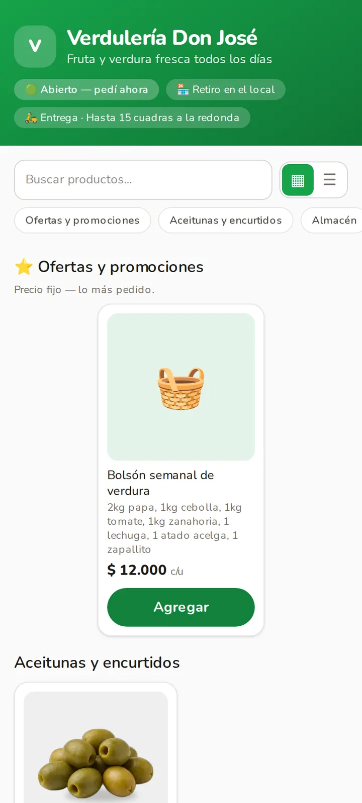 Pantalla principal de la tienda con los productos.