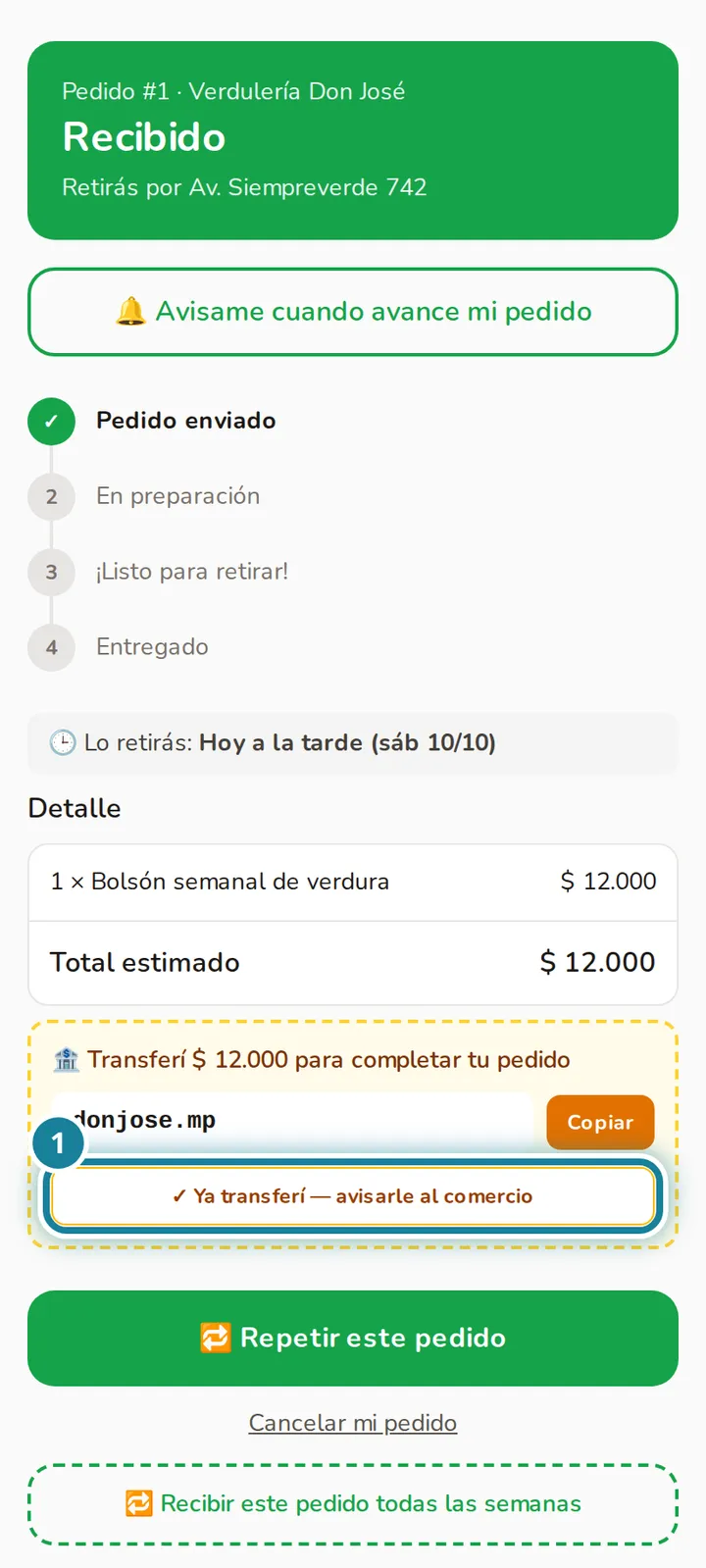 Botón Ya transferí marcado.